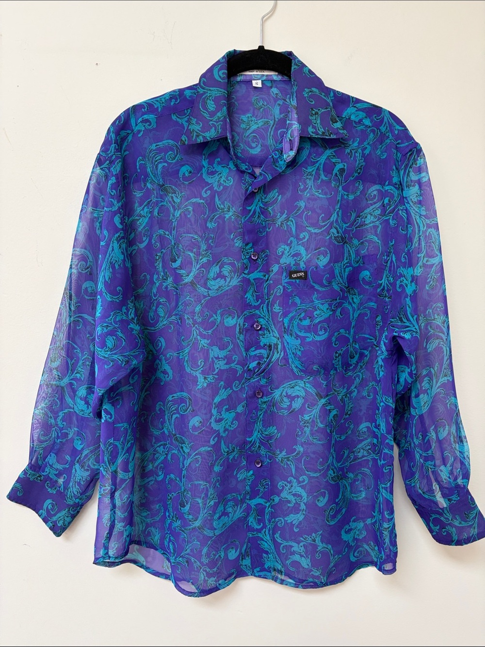 GUESS by Georges Marciano Sheer Purple Shirt with Teal Scroll Print, Size S